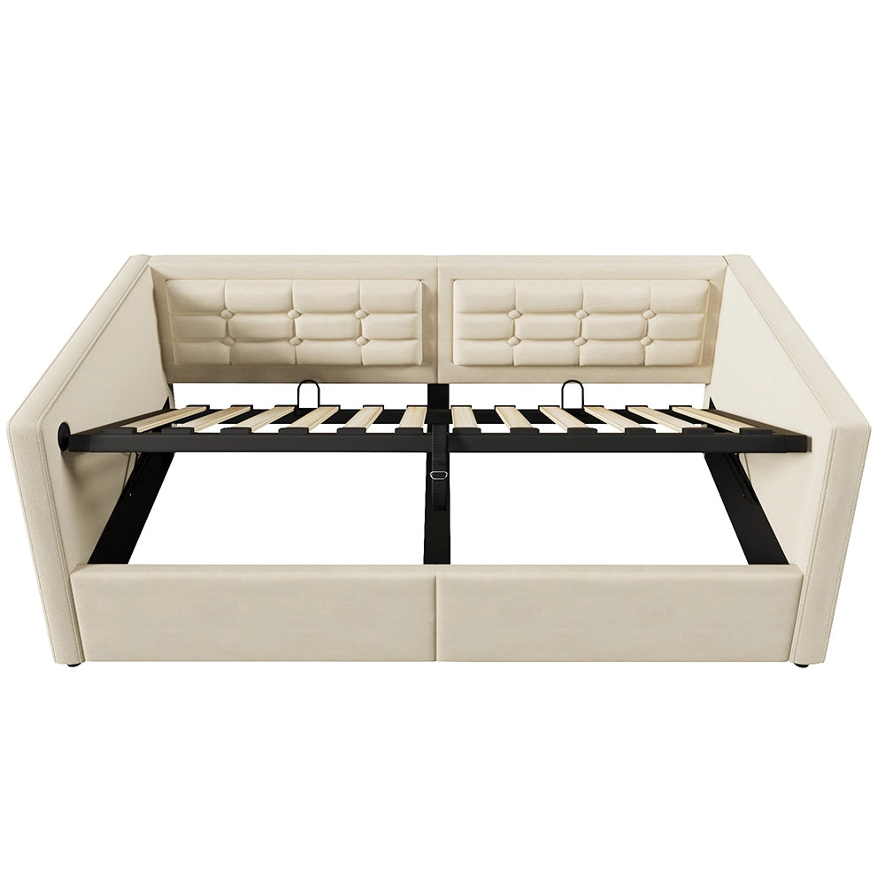 Divano letto-Xylo-90x200 cm-idraulico, USB-C, doghe legno, velluto, beige