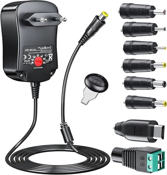 Adattatore universale AC/DC per elettronica domestica - Alimentazione regolabile con 8 prese - 3-12 V - 1250 mA