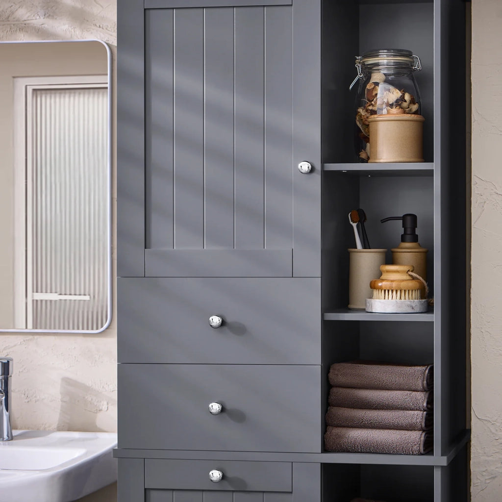 Mobile alto con portabiancheria apribile Armadietto da Pavimento Mobile bagno Grigio 60x37x170cm BZR104-DG