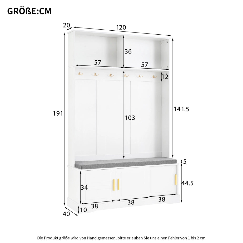 Garderoba da ingresso con panca e scarpiera; 6 ganci; 120x40x191 cm; bianco