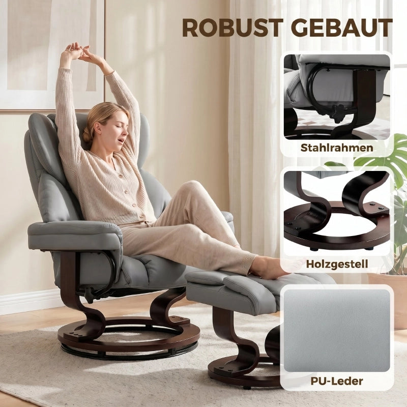 POLTRONA Reclinabile girevole 360° con poggiapiedi, PU, grigio chiaro