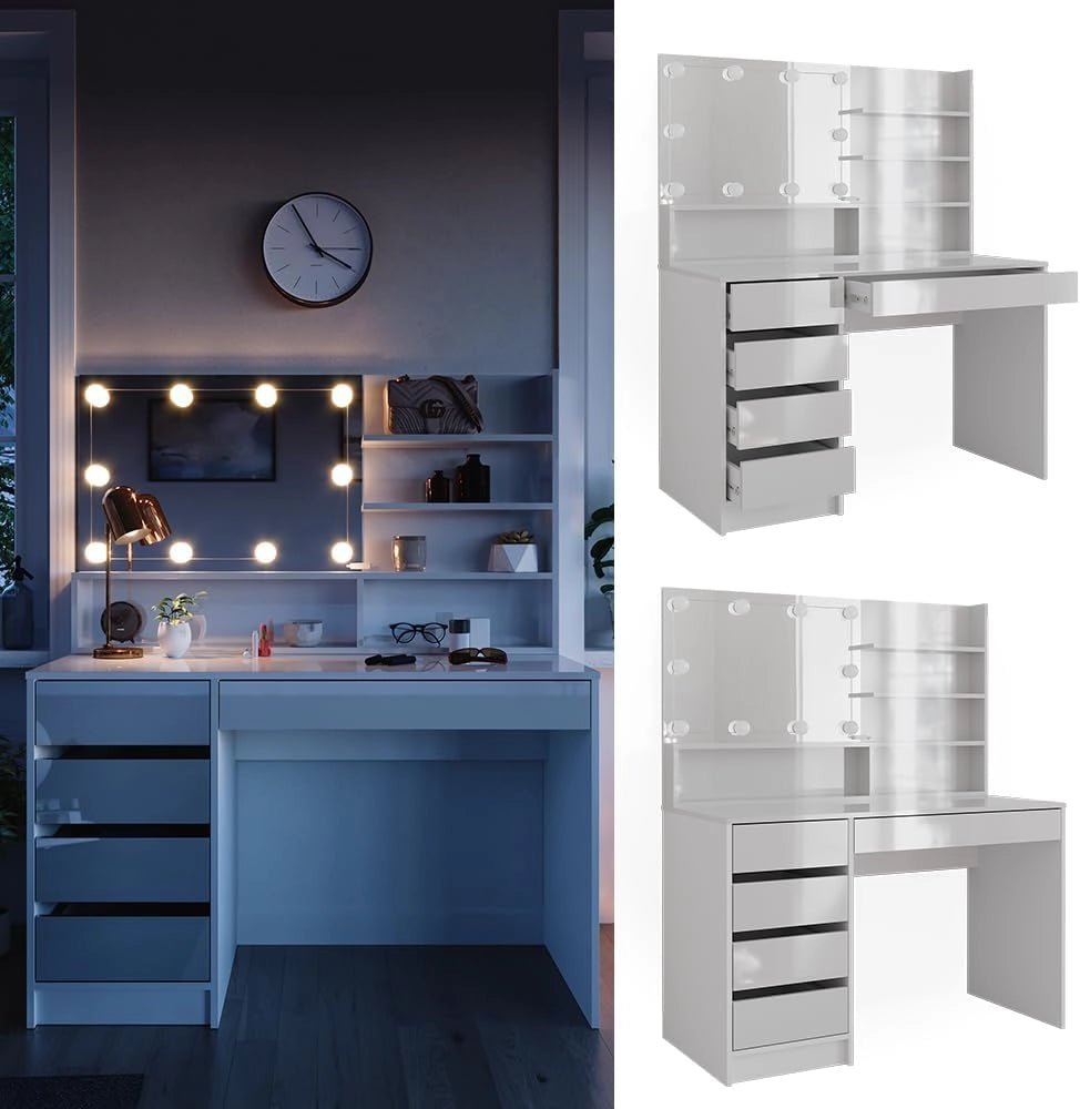 Tavolo da toeletta Sherry, Bianco, 120 cm con illuminazione a LED e ripiano a specchio, per l'organizzazione di cosmetici e accessori