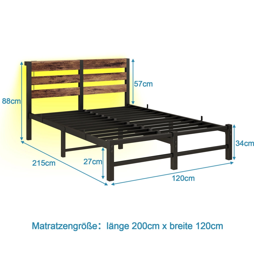 Letto in metallo 120x200 con LED RGB, USB e spazio contenitivo