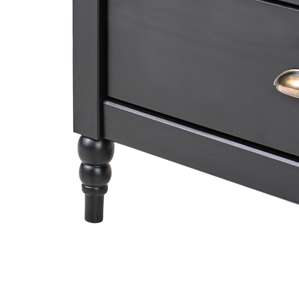 Credenza nera a 2 ante e 4 cassetti, mobile contenitore in stile scandinavo con piano in legno