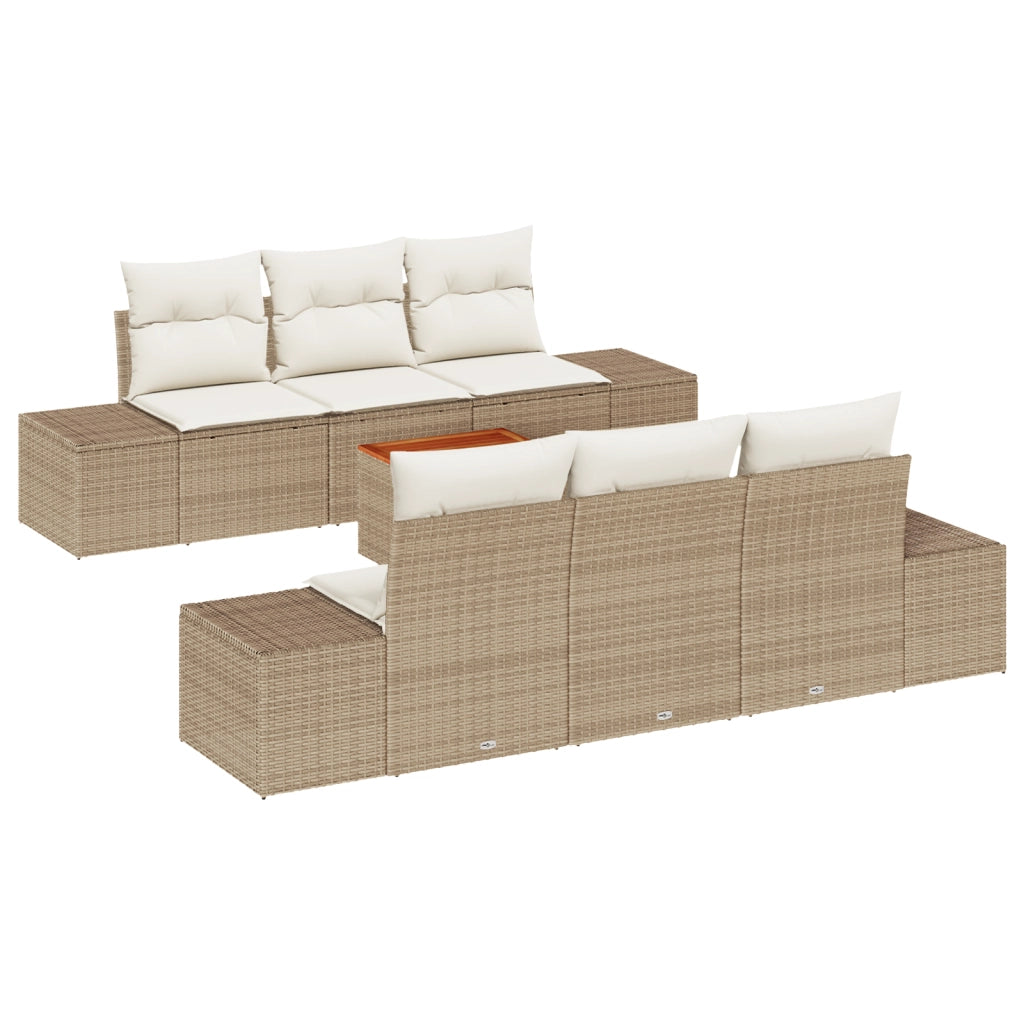 Set Divano da Giardino 7 Pezzi con Cuscini Beige Polyrattan Acacia