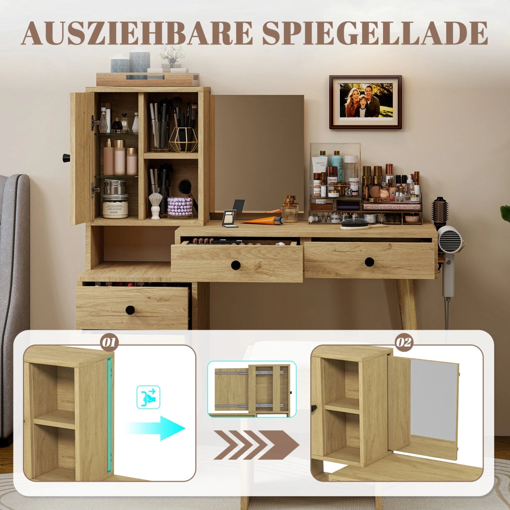 Toeletta con sgabello, completa di specchio, 5 cassetti, spazio portaoggetti, finitura effetto legno, colore legno naturale
