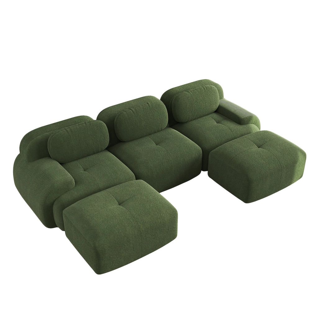 Divano angolare modulare senza montaggio; seduta in schiuma 32D; braccioli arrotondati; velluto a coste; verde