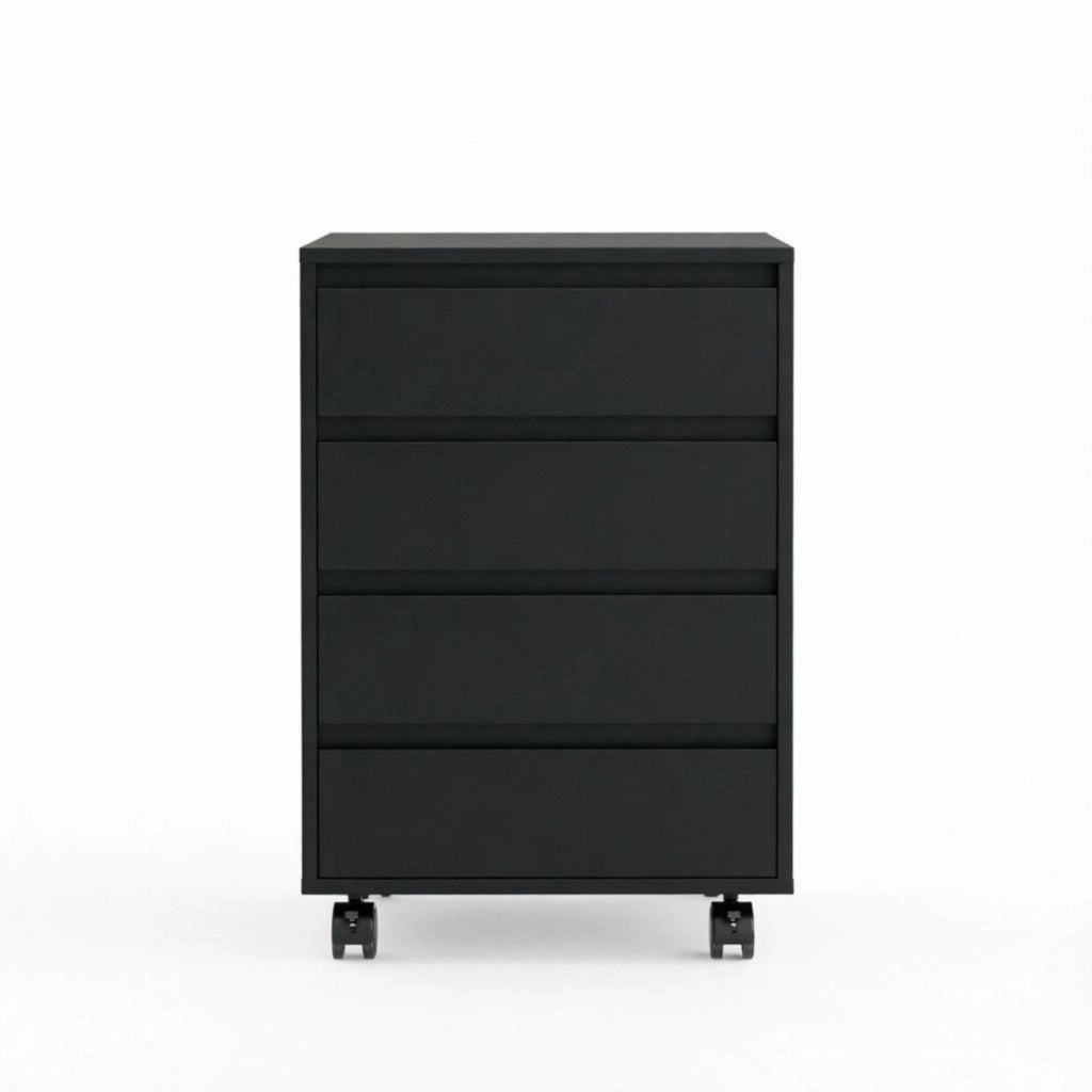 Contenitore ufficio su ruote con 4 cassetti, colore nero, in MDF, con rotelle frenanti