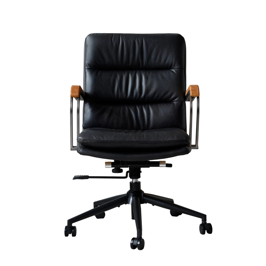Sedia da ufficio girevole in pelle con altezza regolabile e supporto ergonomico, nera