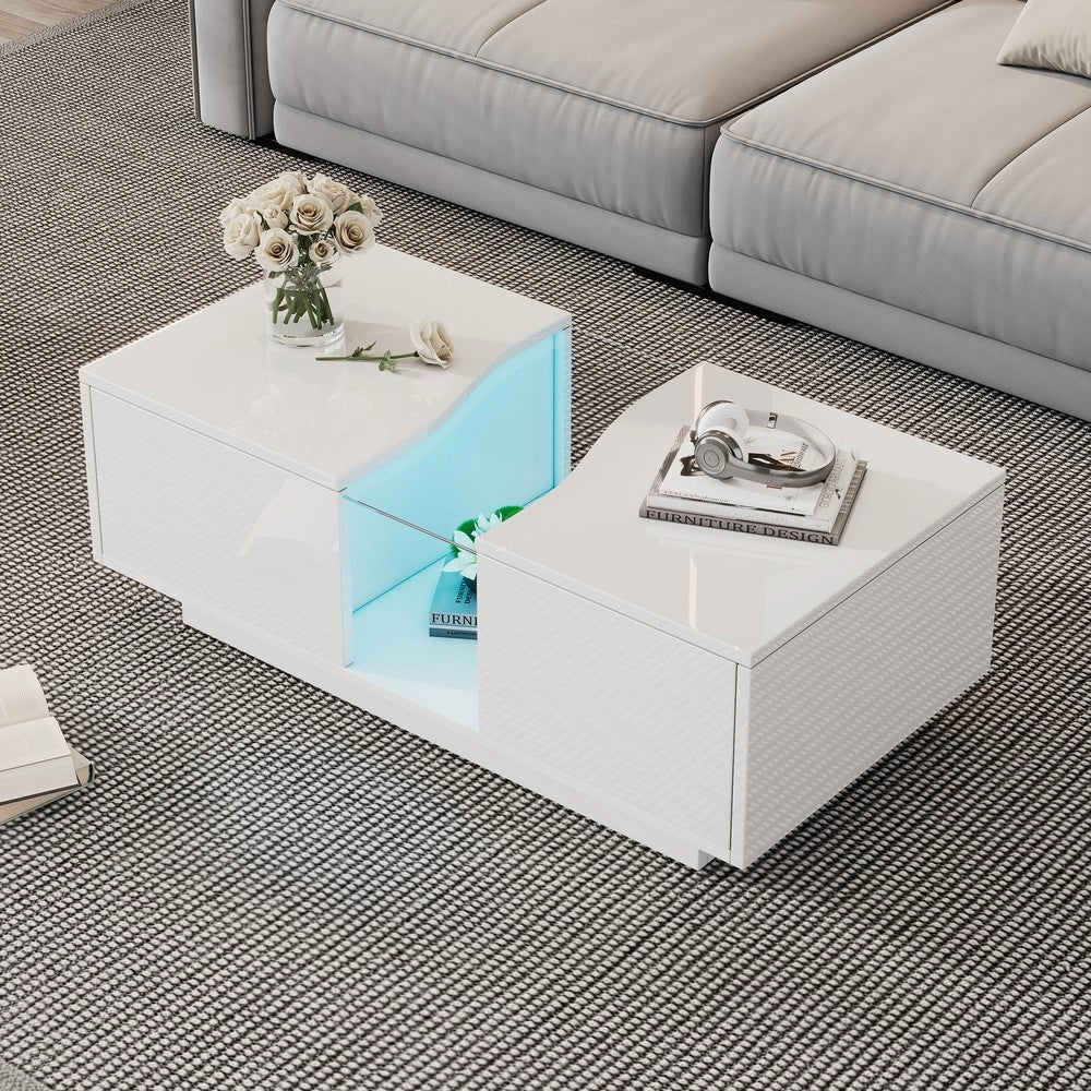 Tavolino da Caff¨¨ con LED e 2 Cassetti ¨C MINIMAL ¨C Bianco Lucido, MDF, 100x50x35