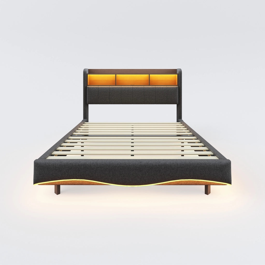 Letto imbottito sospeso 140x200 cm con LED, USB e USB-C in tessuto grigio