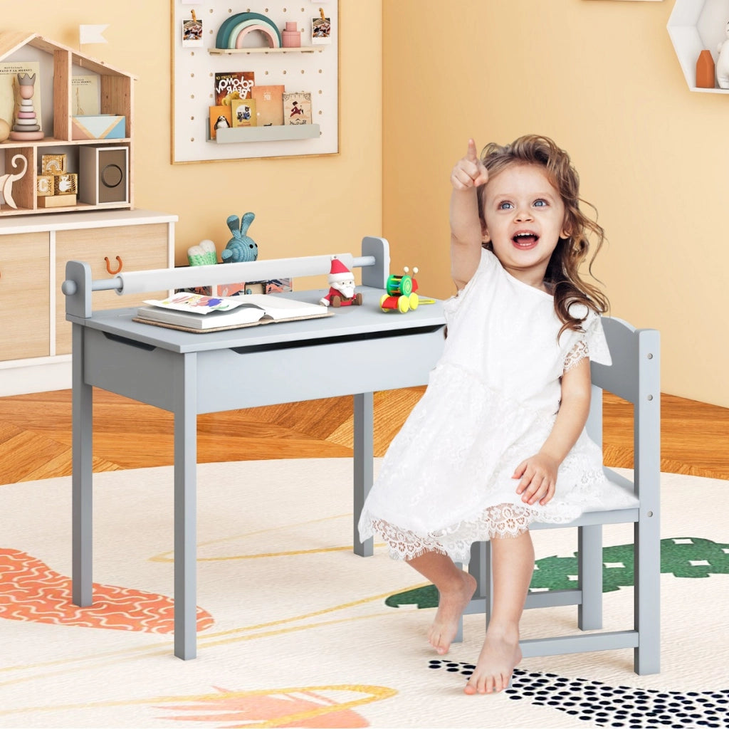 Tavolo per bambini con sedia vano portaoggetti e portarotolo per disegnare giocare, Set di tavolino con sedia Grigio-Tavoli e sedie