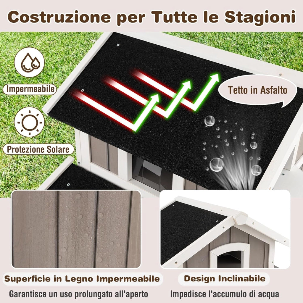 Casetta per Gatti con 2 Ingressi Frontali e 4 Bucchi con Tende in PVC, Villa per Gatti in Legno di Abete a 2 Piani con Tetto Impermeabile, Cuccia per Animali Piccoli, 100 x 64 x 82,5 cm