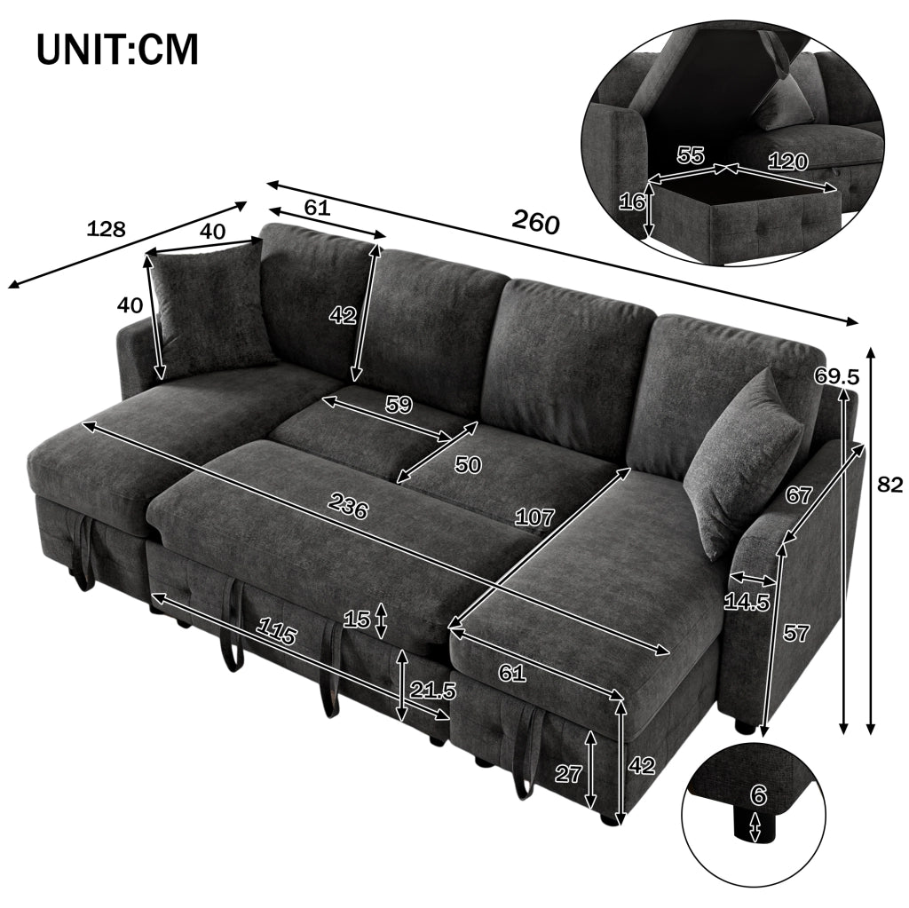 Divano letto estraibile a U in ciniglia con 2 vani contenitore e porte USB/Type-C, grigio scuro