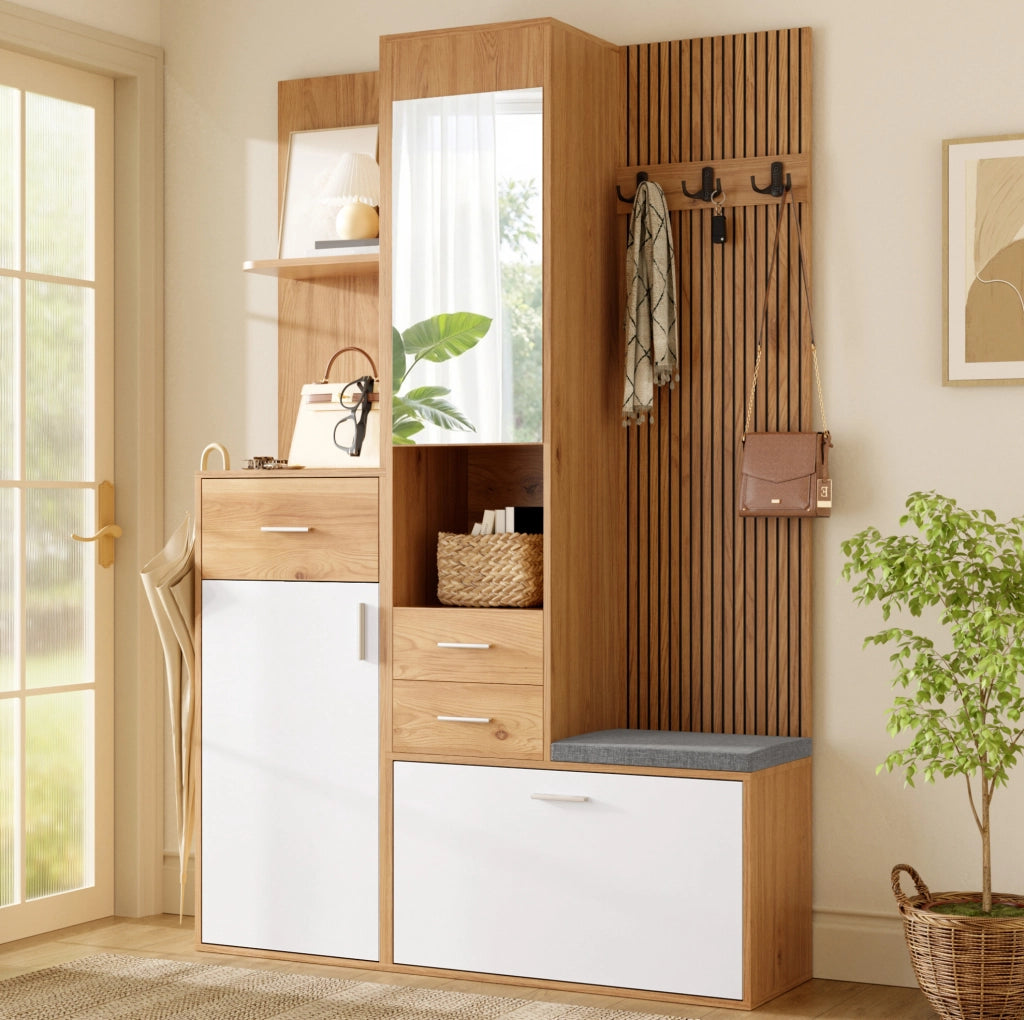 Mobile da ingresso 120x32x178 cm bianco e naturale con specchio， panca e LED