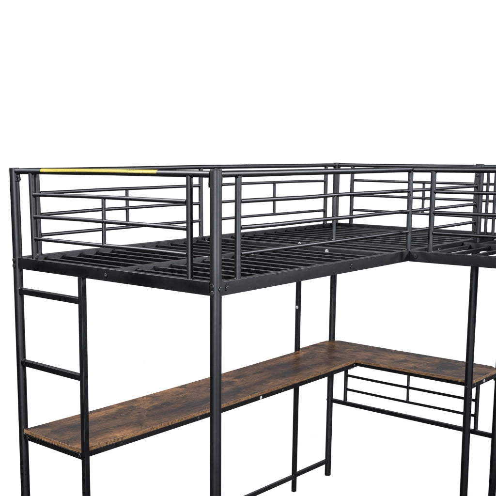OKWISH Letto a Soppalco 90×200 cm, Letto Singolo con Scrivania, Doppia Scala e Sponda Alta, senza Materasso, MDF e Metallo, Nero