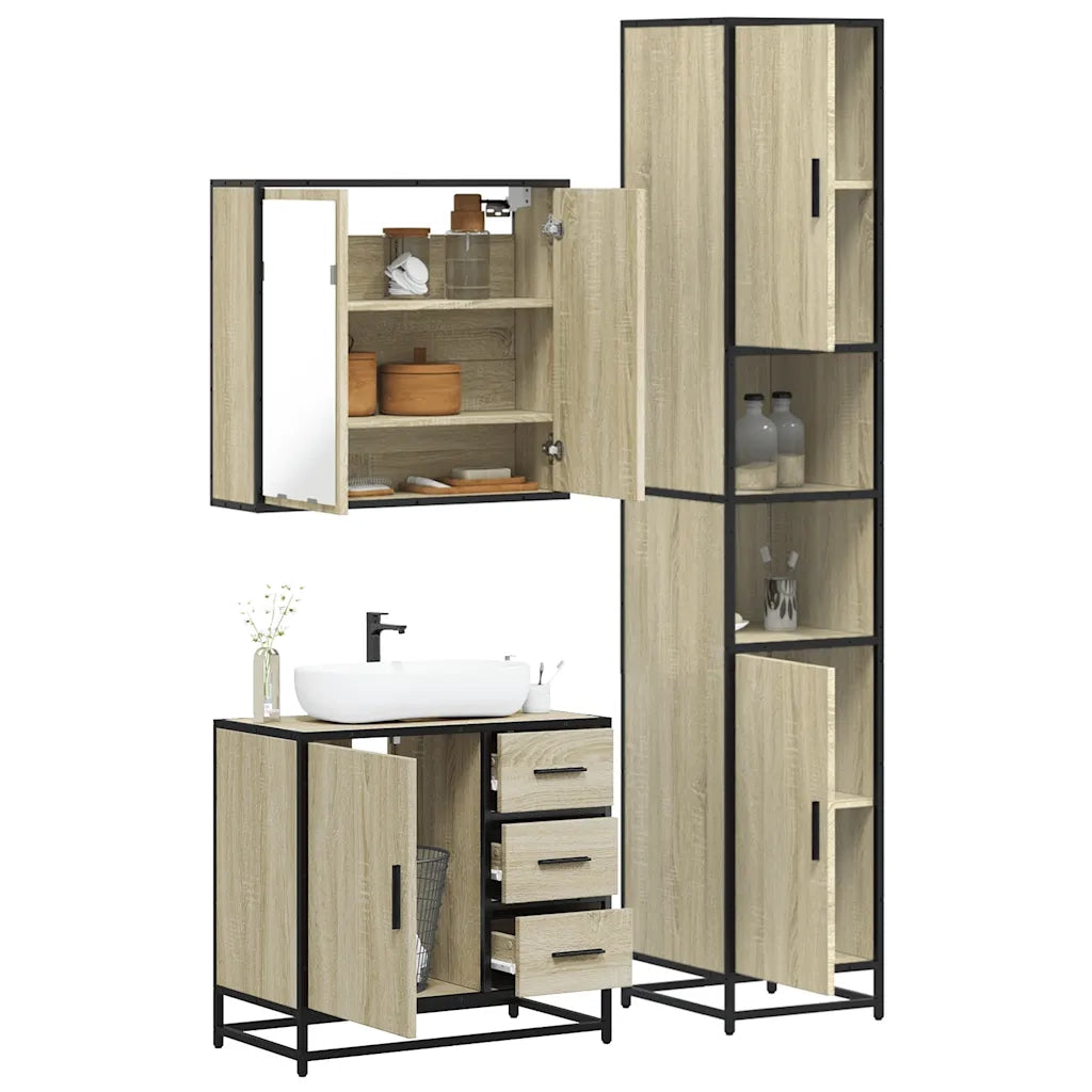 Set Mobili da Bagno 3 pz Rovere Sonoma in Legno Multistrato
