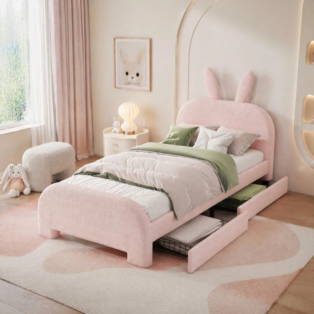 LETTO bambini 90x200 cm rosa in Plush e MDF con 2 cassetti