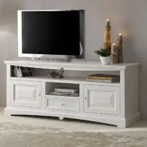 Mobile Porta tv Shabby chic in legno laccato bianco mod goccia con cassetto e ante bugnate