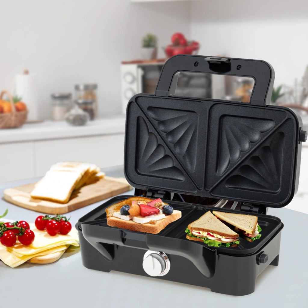 Grill panini press e tostapane con piastre antiaderenti rimovibili con spie indicatrici-Set 3 in 1 ferro da stiro per waffle Nero