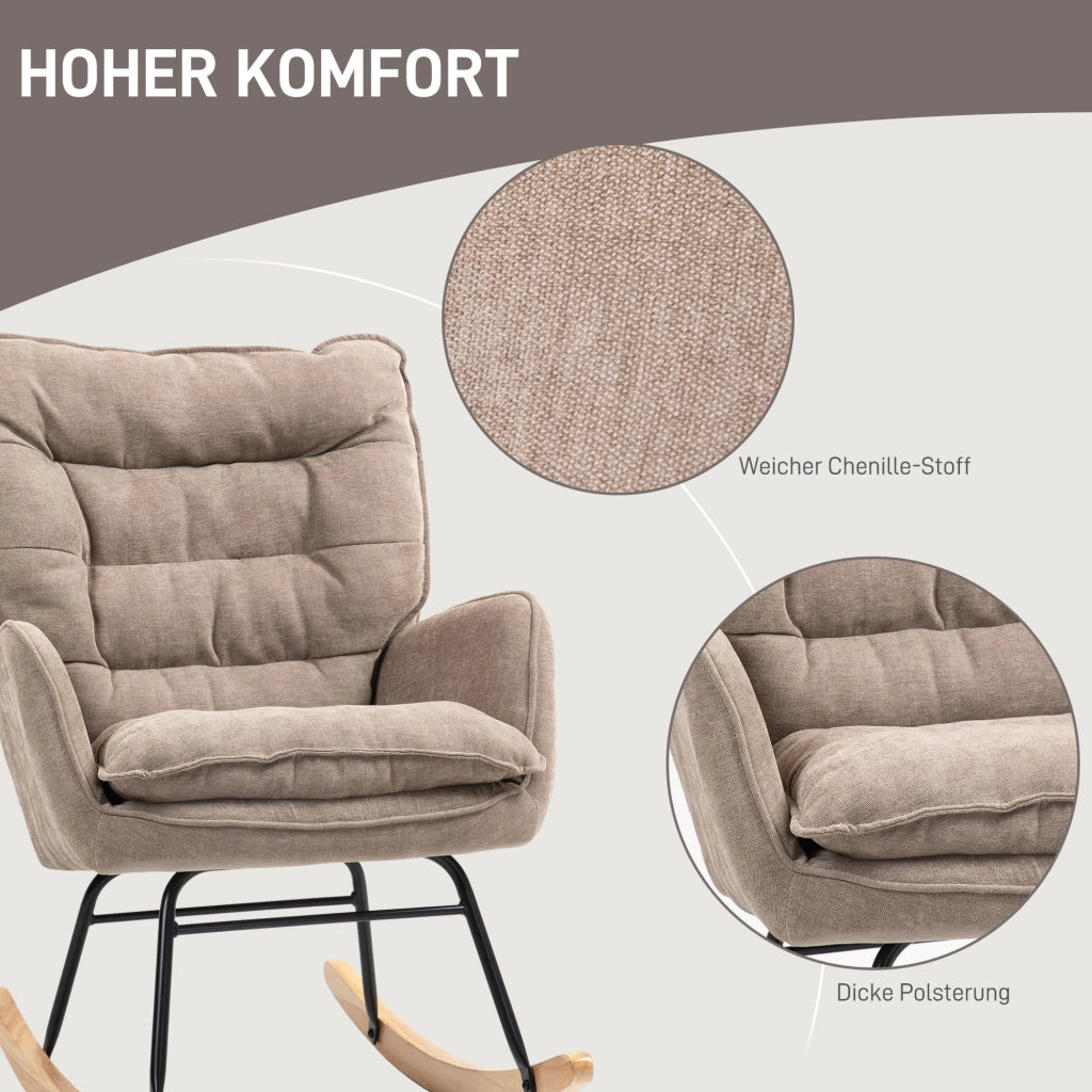 Poltrona a dondolo con movimento rilassante e seduta ampia in tessuto chenille poliestere marrone 71 × 98,5 × 97 cm