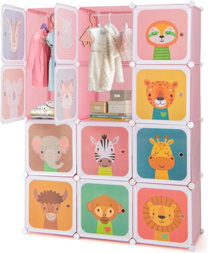 Guardaroba Portatile per Bambini, Armadio Portatile con 12 Cubi, Organizzatore Modulari per Camera dei Bambini Soggiorno, 109 x 35 x 145 cm (Blu)