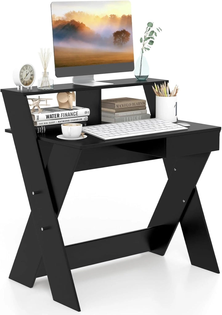 Scrivania per Computer, con Cassetto e Mensola per Computer Rialzata, Tavolo da Studio con Poggiapiedi e Gambe a Forma in X, Scrivania con Libreria per Casa e Ufficio (Noce)