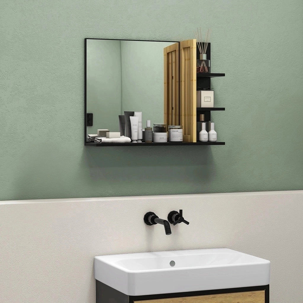 Specchiera Bagno Moderna a 4 Ripiani in Legno ¨C Zephmum ¨C Nero 45x15x58.5cm