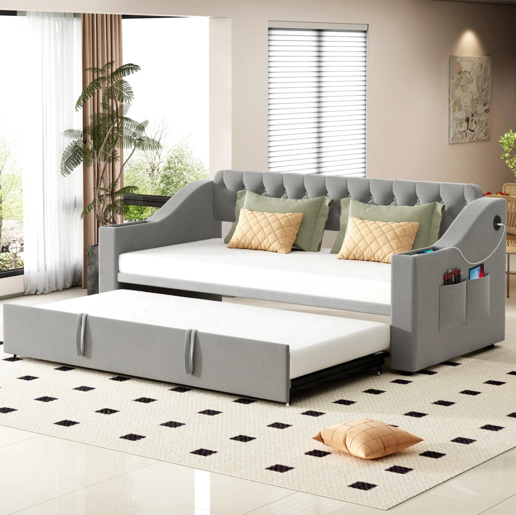 Divano letto imbottito 90x190 cm estendibile 180x190 cm in velluto grigio con USB e vani portaoggetti