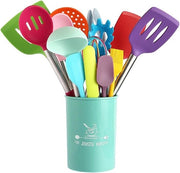 Set di accessori per cucina in silicone resistenti al calore - Frusta-Tang-Turner-Spugna-Cucchiaio-Borsetta - Maniglie in legno - Grigio - 19 pezzi