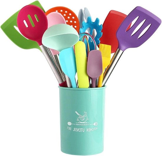 Set di accessori per cucina in silicone resistenti al calore - Frusta-Tang-Turner-Spugna-Cucchiaio-Borsetta - Maniglie in legno - Grigio - 19 pezzi