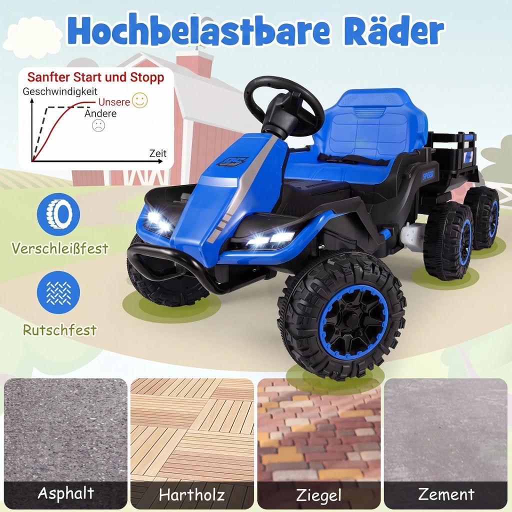 Trattore Elettrico per Bambini da 3 Anni 24V con Telecomando 2.4 GHz, Blu, Robusto e Facile da Usare per Giardino