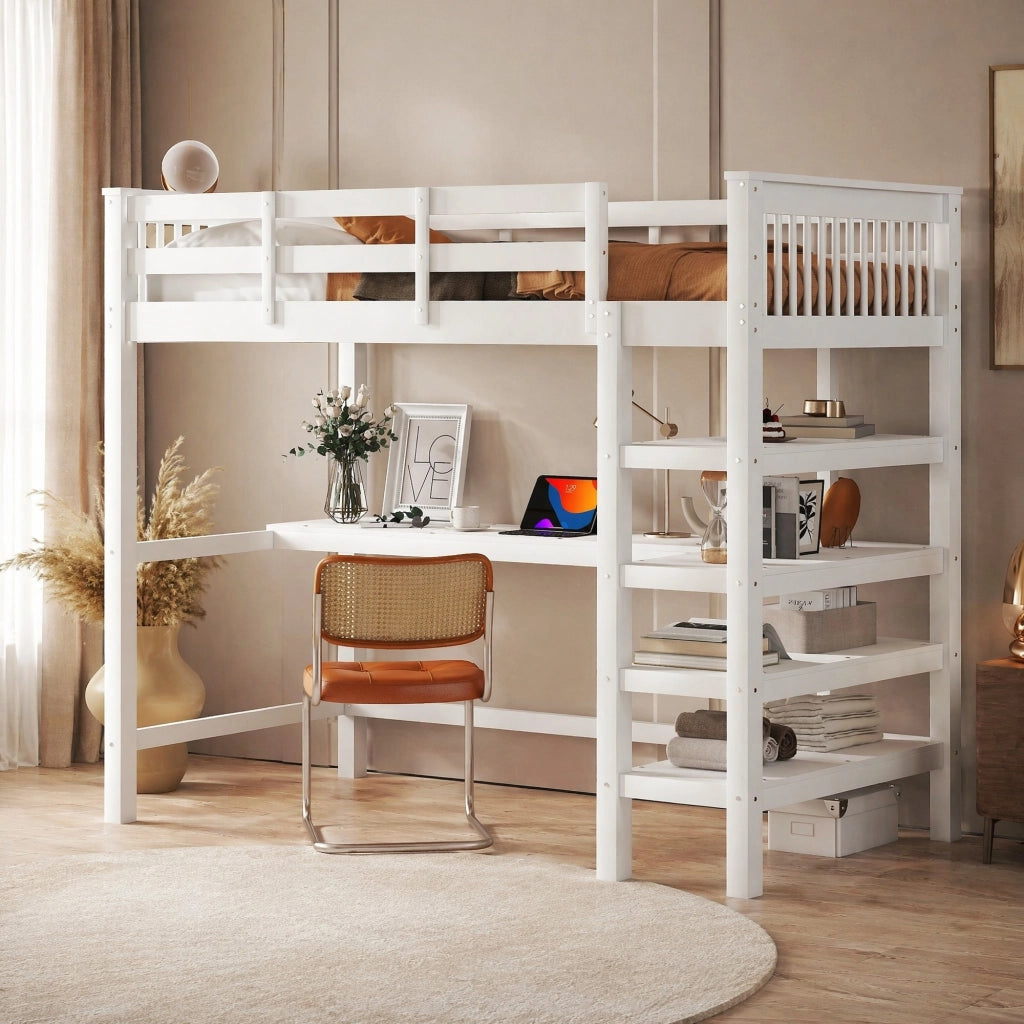 Hochbett 90x200 con scrivania e vani contenitivi, bianco
