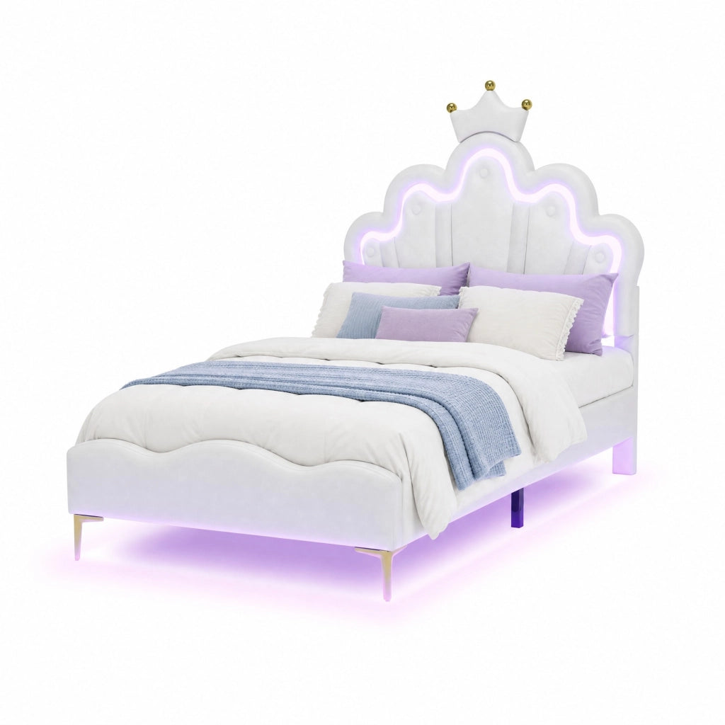 Letto singolo 90x200 cm a corona con LED, rivestimento in PU bianco