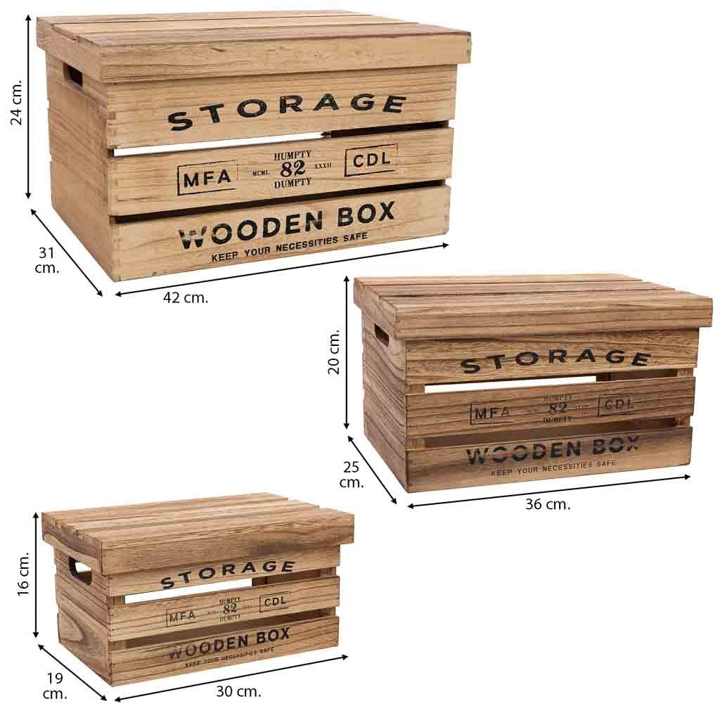 Scatole in legno stampate set 3 pz 42x31x24h-36x25x20h-30x19x16h cm