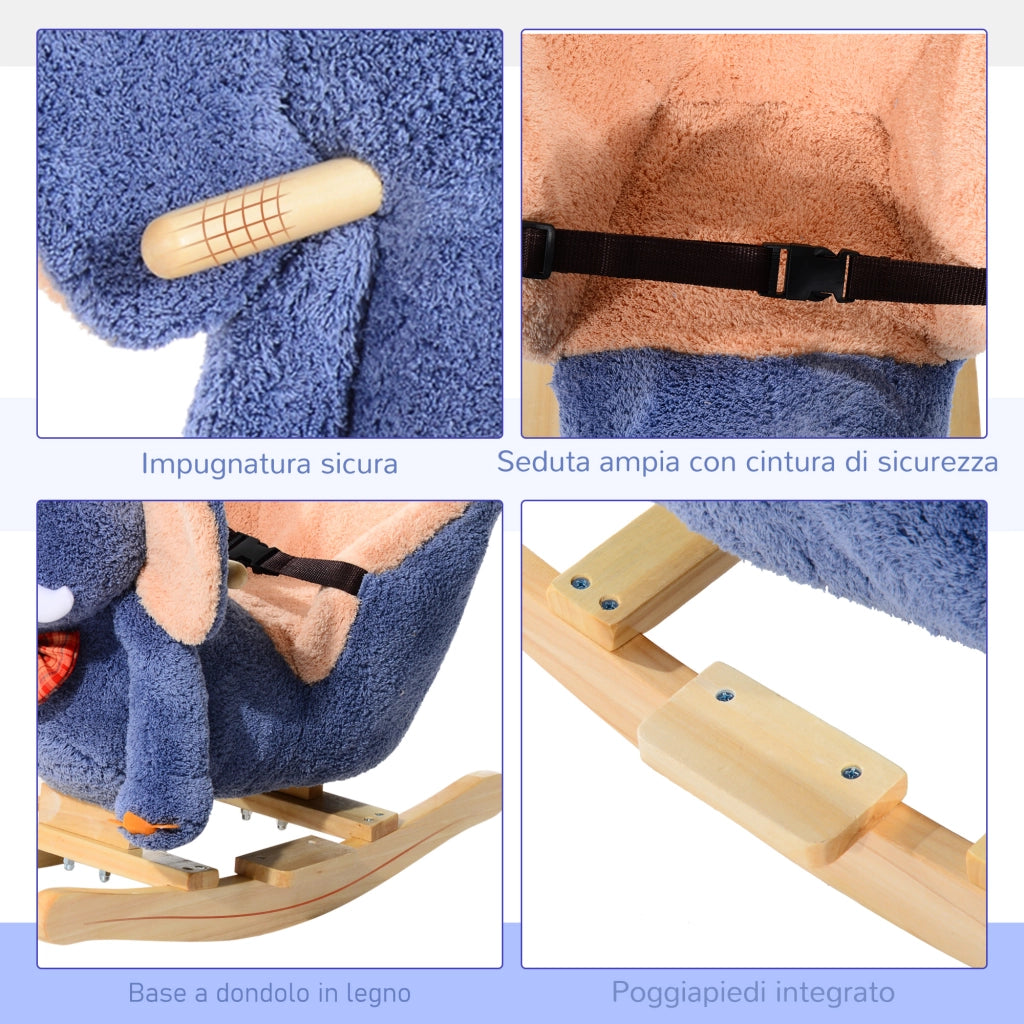 Cavallo a Dondolo in Legno Elefante per i Bambini 60x33x45cm
