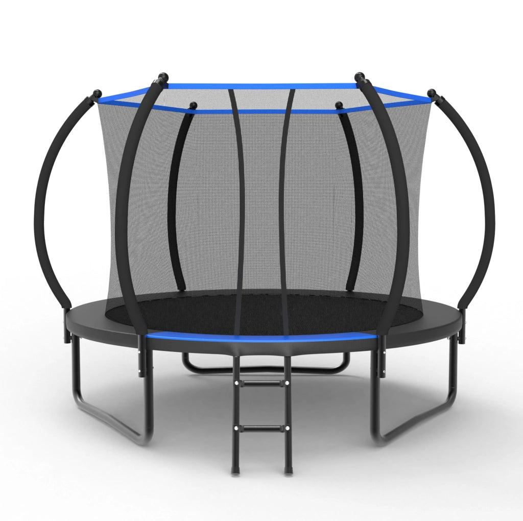 Trampolino rotondo 305x305x248 cm in acciaio nero e blu con rete di sicurezza –