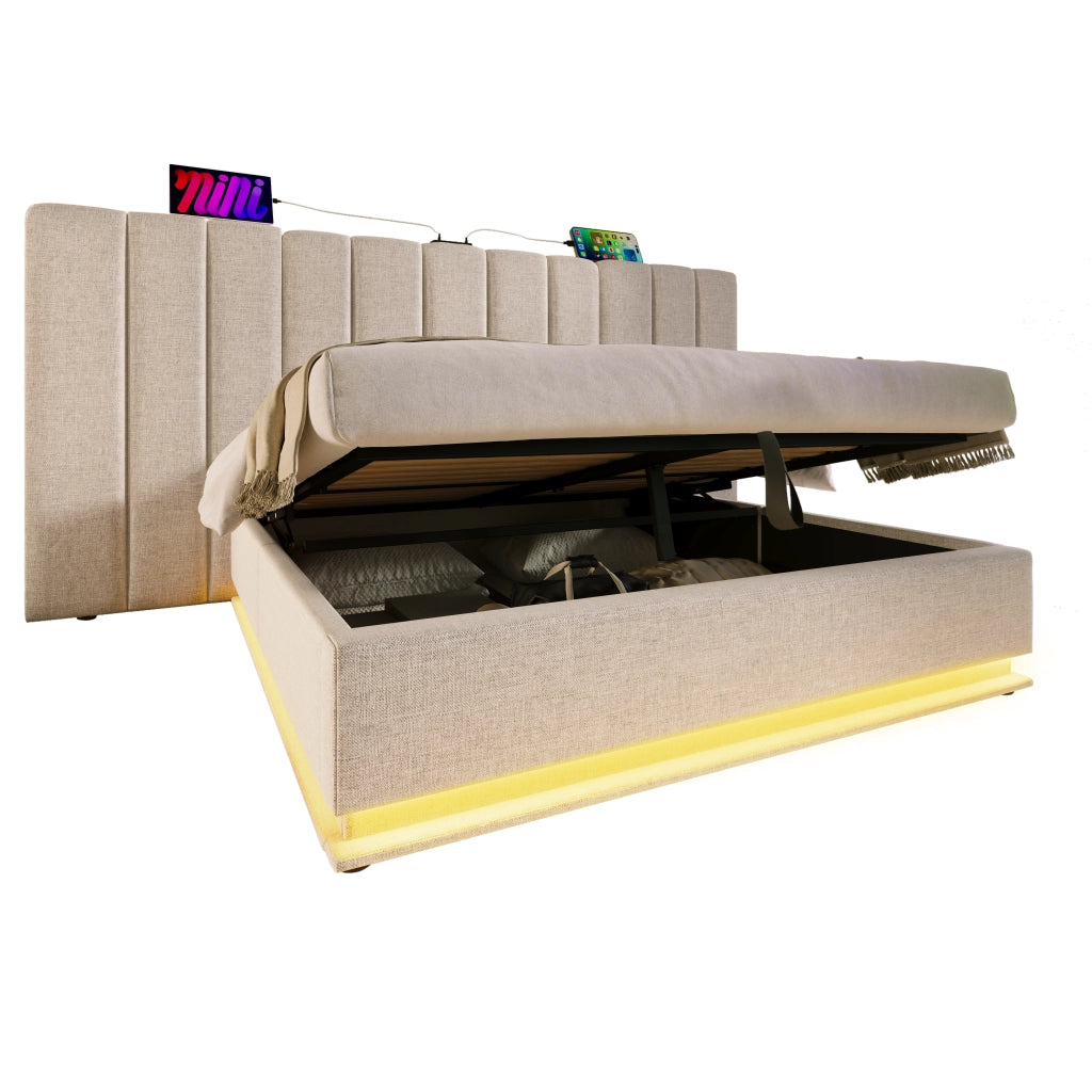 OKWISH Letto Contenitore 160×200 cm, Letto Matrimoniale con LED 360°, USB e Type-C, controllo tramite app, senza Materasso, in Lino, Beige