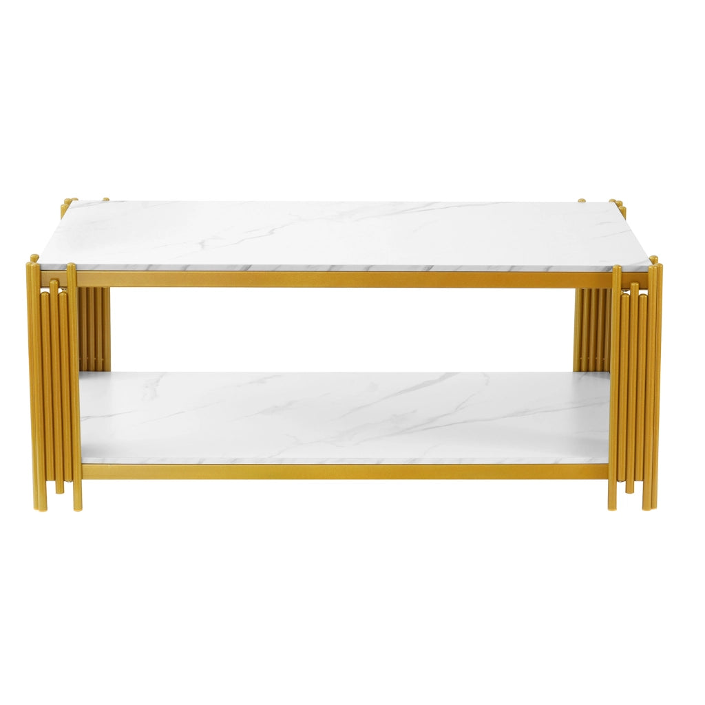 Tavolino da caffè 1140x64x46 cm con 2 ripiani; struttura in metallo e MDF; bianco oro
