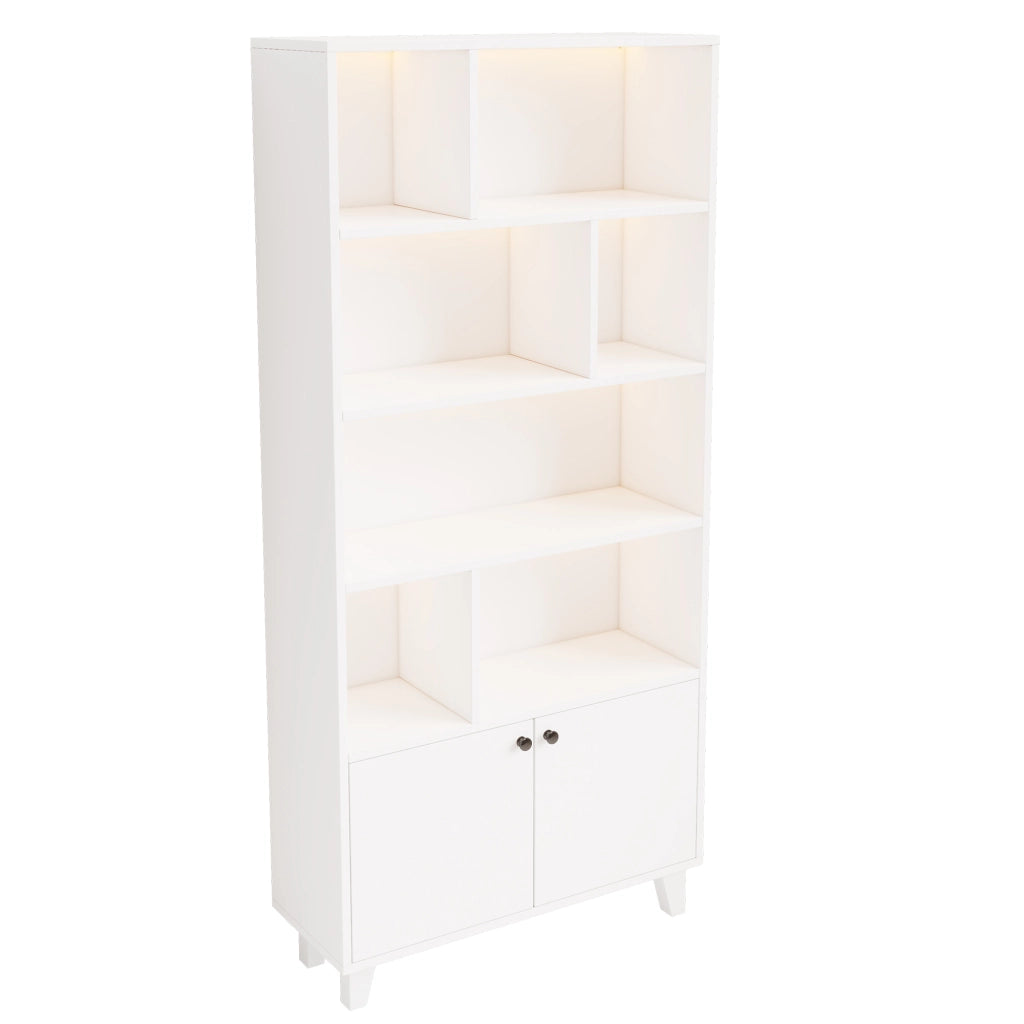 Libreria 80 x 30 x 173 cm con luci LED, 7 scomparti, ante doppie e struttura in MDF con piedi in legno massello