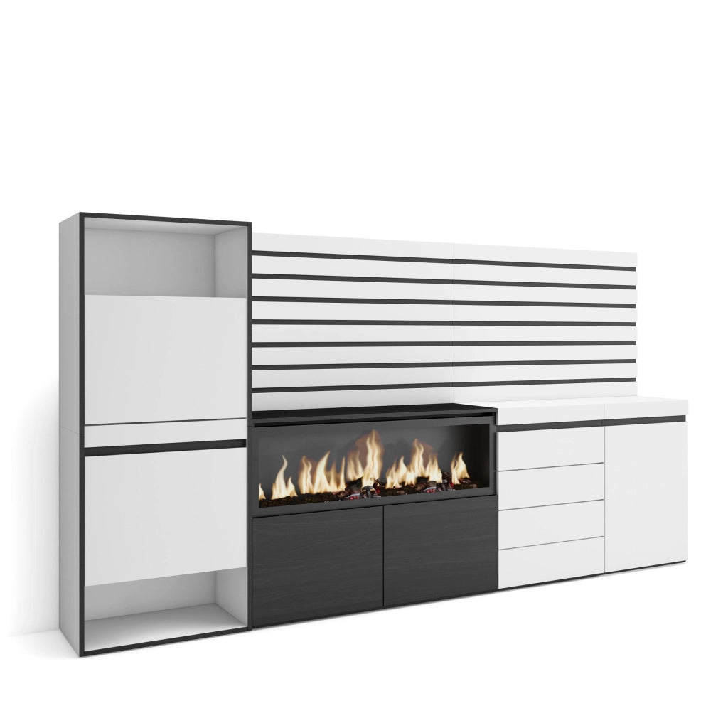 Scarpiera, 274x35x145cm, Camera da letto, Camino elettrico XXL, Cassettiera, Pannelli Decorativi, Bianco RF3556