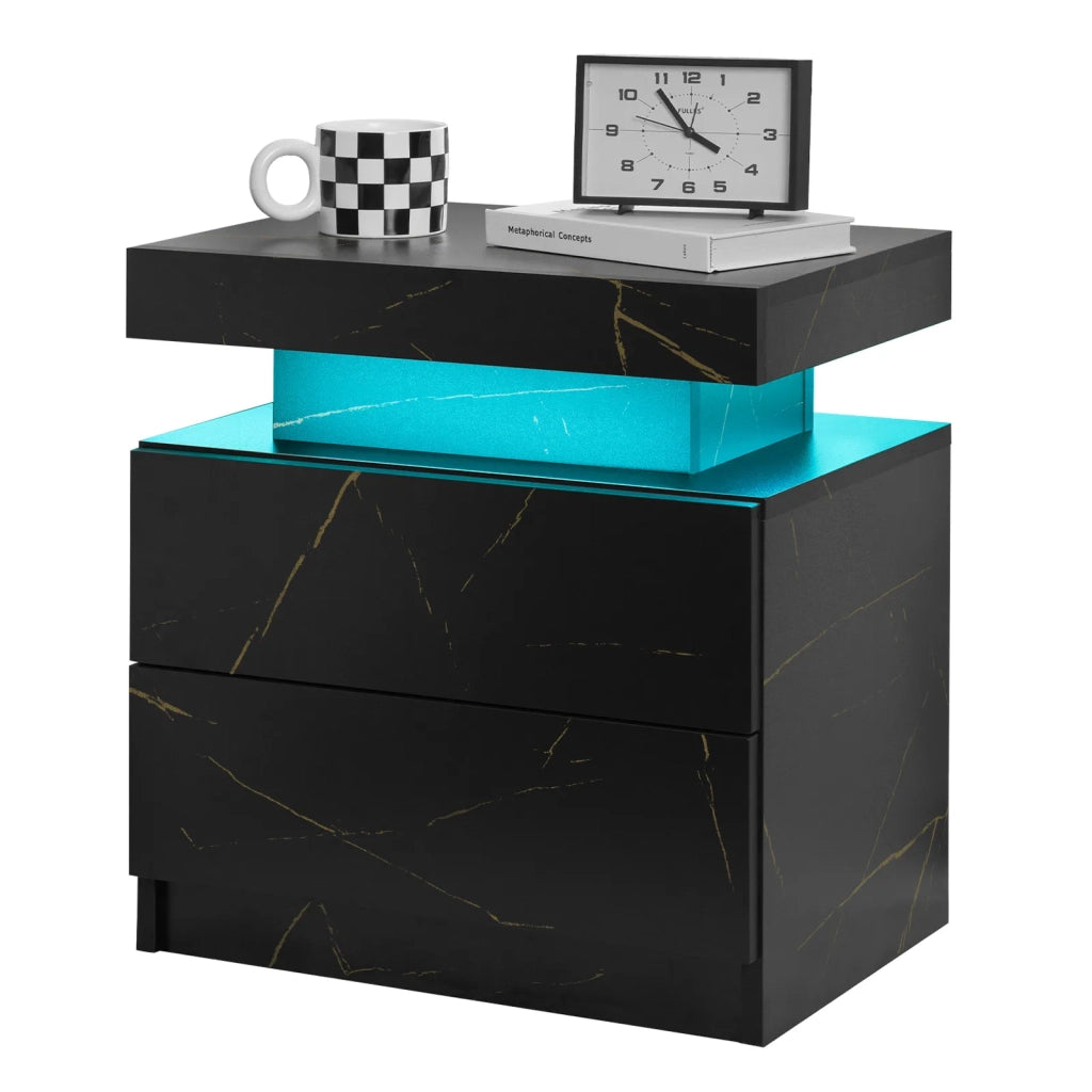 Comodino moderno con 2 cassetti, luci LED integrate, nero e oro