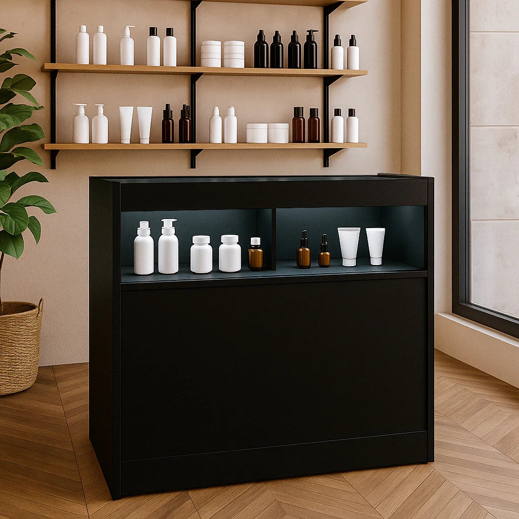 Bancone LED Nero B900 con Vetrina, Ante Scorrevoli e Ripiani – Bloccabile