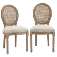 Set 2 Sedie per Soggiorno in Stile Vintage con Schienale Traforato, in Legno e Tessuto, 49x56x96cm, Bianco Crema