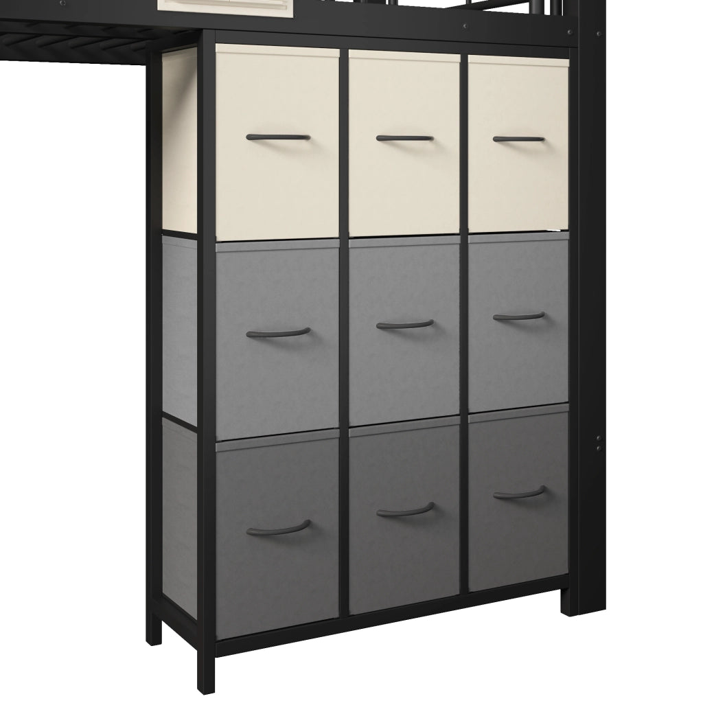 Letto a soppalco 90x200 cm in metallo e MDF con scale contenitore e cassetti nero HOMVRA