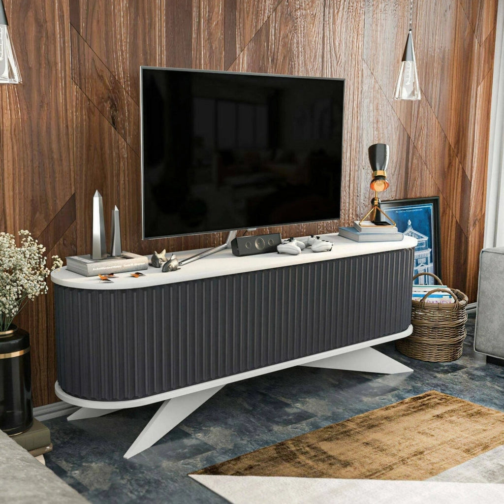 Mobile porta TV Bailu, Credenza da soggiorno, Armadio basso per TV, Base parete attrezzata, 180x43h60 cm, Antracite e Bianco