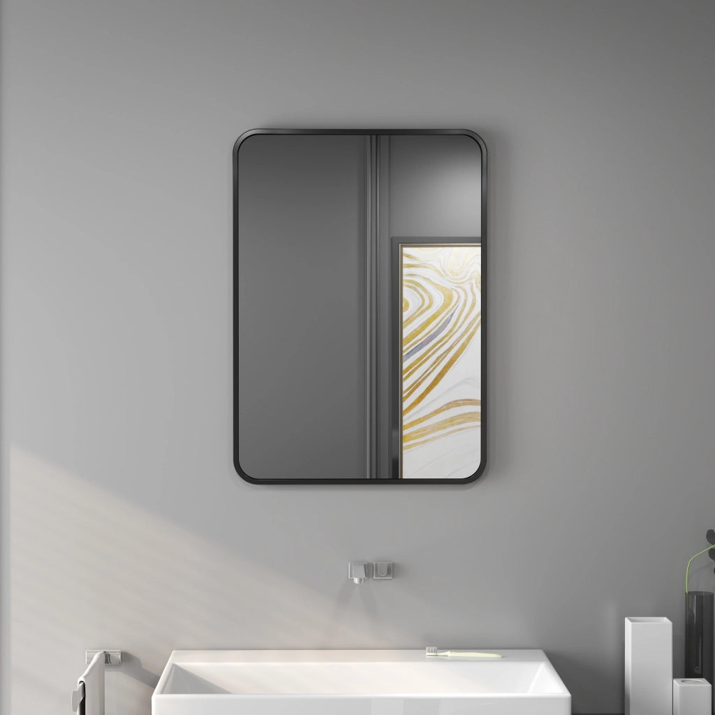 Specchio Bagno con Cornice in Metallo e Gancio, 50x2.5x70 cm, Nero
