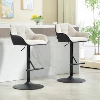 Set 2 Sgabelli Imbottiti ad Altezza Regolabile con Schienale e Braccioli, 52.5x53x86.5-108 cm, Nero Grigio Chiaro