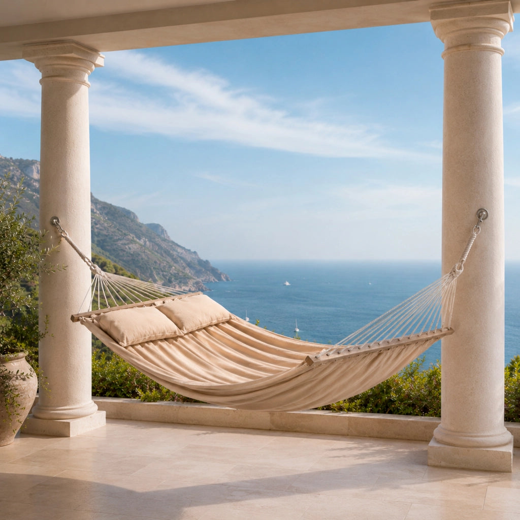 Amaca Matrimoniale Relax Per Giardino Piscina E Terrazza Con Barre In Legno Cuscini Inclusi E Tessuto Cotone Poliestere Resistente 300 Kg 240 x 150 Cm Beige