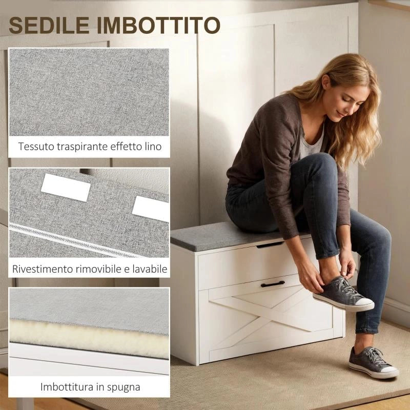 PANCA SCARPIERA CON CASSETTO RIBALTABILE E CONTENITORE, CAPACITÓ 8 PAIA DI SCARPE, 80X30X55 CM, BIANCO